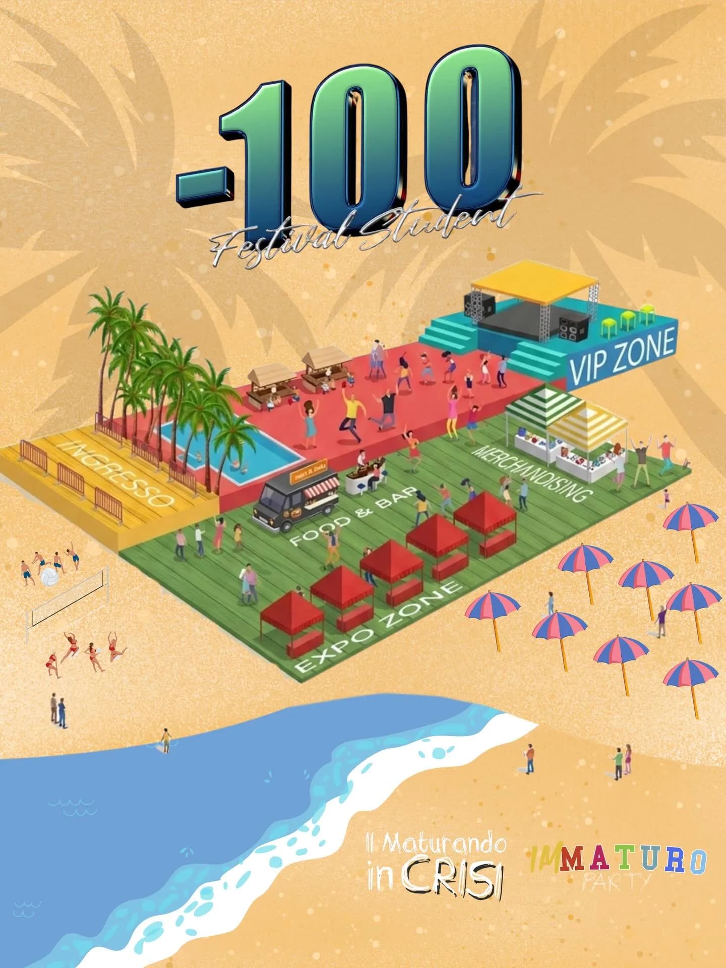 Illustrazione della spiaggia con ingresso, food and bar, expo zone, merchandising, vip zone e palco