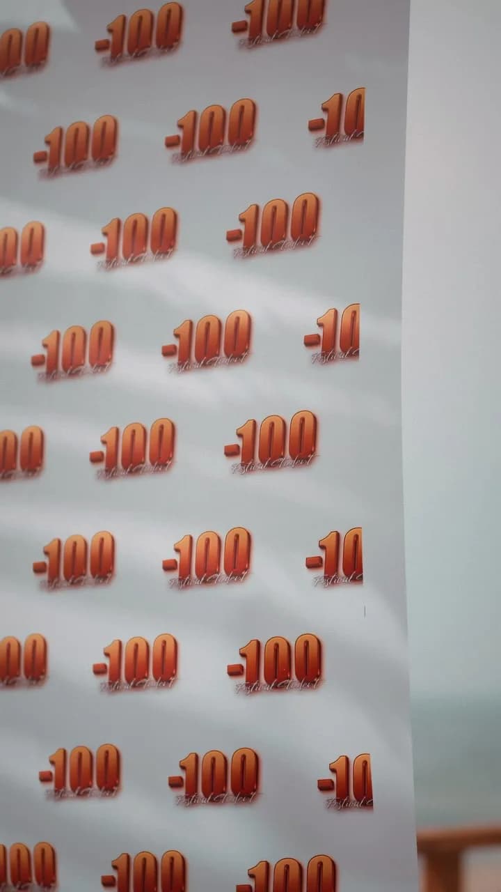 Palloncini a forma di -100 appesi a una parete.